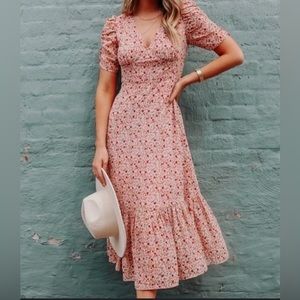 Pink Floral Maxi Dress Synched Sleeves
